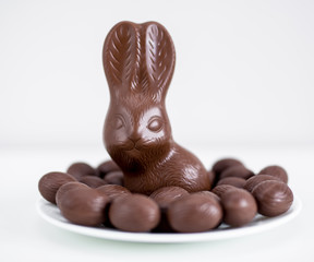 Easter concept - close up of chocolate bunny and candies eggs over white