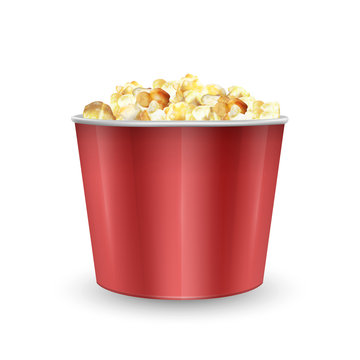 Striped Carton Bowl Filled Of Popcorn, Bag Full Of Popcorn. Realistic Vector Illustration