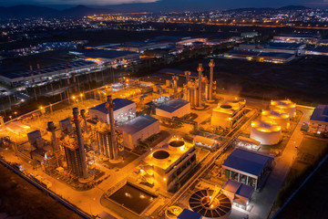 Fototapeta na wymiar Aerial view. industrial power plant energy at night and twilight