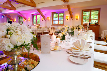 Interior of a wedding hall decoration ready for guests.Beautiful room for ceremonies and weddings.Wedding concept.