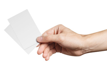 Male hand holding two blank sheets of paper (tickets, flyers, invitations, coupons, banknotes, etc.), isolated on white background