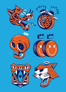 A Tiger, an alarm clock, a skeleton and smileys with a snake and a cat on blue background