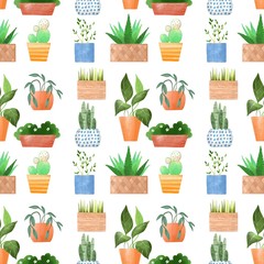 Potted plants. Colorful cartoon seamless pattern. Hand drawn