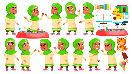 Arab, Muslim Girl Kindergarten Kid Poses Set Vector. Caucasian Child Expression. Activity. For Banner, Flyer, Web Design. Isolated Cartoon Illustration