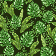 Seamless pattern with the image of tropical leaves. Floral ornament.
