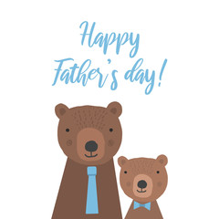 Cute childish card with two brown cartoon bears for Happy Fathers day. Greeting illustration with bear father and little son for parents poster design, family events decoration
