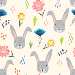 Cute seamless pattern with cartoon gray rabbits, colorful dots and childish flowers. Funny summer hand drawn hare texture for kids design, wallpaper, textile, wrapping paper