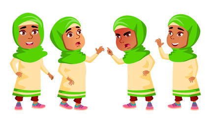 Arab, Muslim Girl Kindergarten Kid Poses Set Vector. Happy Beautiful Children Character. For Advertising, Booklet, Placard Design. Isolated Cartoon Illustration