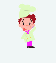 Chef sticks out his tongue in gesture of funny shyness.