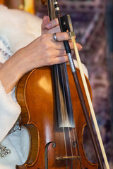 Hand on the strings of a violin