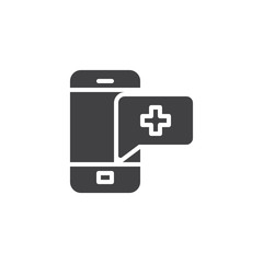 Medical mobile chat vector icon. filled flat sign for mobile concept and web design. Smartphone with hospital cross speech bubble glyph icon. Symbol, logo illustration. Pixel perfect vector 