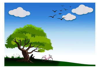 women sitting reading a book under a big tree on Bright blue day, group of birds flying through ,vector and illustration