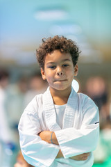 Young afro american boy posing in Karate dressing © jovannig