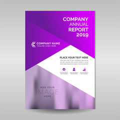 Annual report template with geometric purple shapes