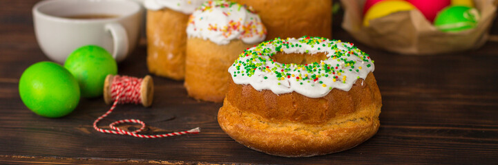 easter cake and easter eggs, traditional holiday design (happy easter!). top view. food background