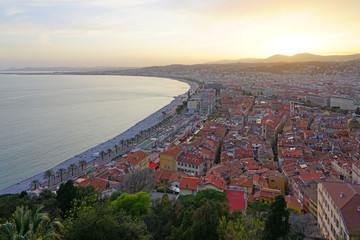 Landscape view at sunset of the Promenade des Anglais along the Mediterranean Sea in Nice, French Riviera