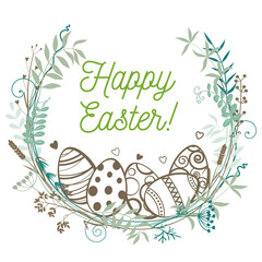 Happy Easter. Easter eggs in a wreath of twigs, wild grasses and flowers.