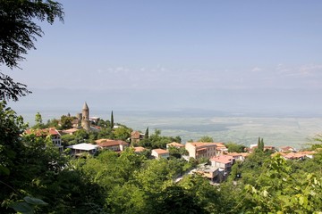 signagi, georgia, panorama, city, town, view, landscape, architecture, panoramic, house, building, summer, church, urban, skyline,