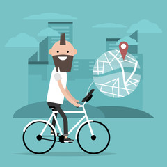 Young character riding a bike and using a navigational app. Map and geo tag on city background.Flat cartoon design.Clip art