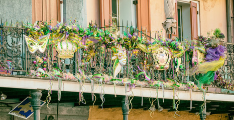 Balconies of New Orleans, decorated on Mardi Gras event, Louisiana © jovannig