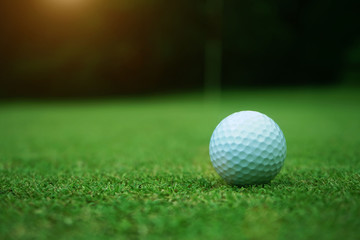 golf ball close up in grass field with sunset. Golf ball close up in golf coures at Thailand