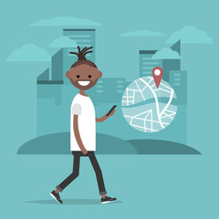 Young character using a navigational app. Map and geo tag on city background.Flat cartoon design.Clip art