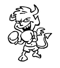 Little Devil Boy Boxing Wrestler, black and white drawing