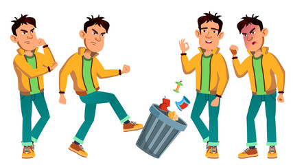 Fototapeta premium Asian Bad Boy Kid Poses Set Vector. High School Child. Life, Emotional, Pose. For Web, Brochure, Poster Design. Isolated Cartoon Illustration