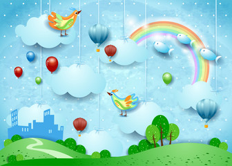 Fantasy landscape with small city, balloons, birds and flying fisches