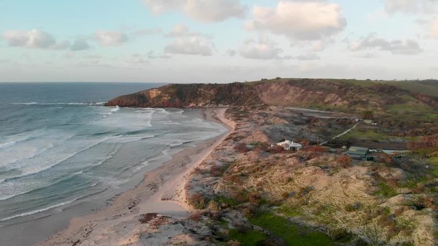Snelling Beach in Kangaroo Island at sunset. Panoramic aerial view