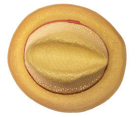 Yellow straw hat on white background top view.