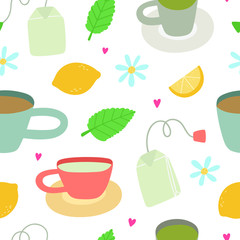 Hot Tea with Mint and Lemon - vector seamless pattern. Cute and simple background with tea cups. Tea Party texture. 