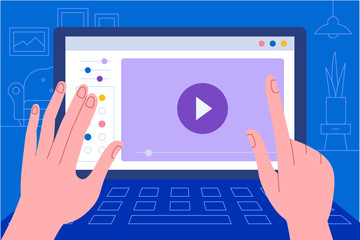 Vector illustration in simple flat style with hands and abstract user interface - teamwork and collaboration concept - tuning and developing app