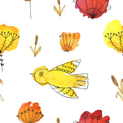 a hand-drawing pattern consisting of spring flowers, grass and cartoon birds in orange, yellow and red colors made in watercolor and pens