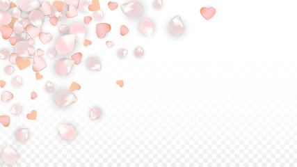 Vector Realistic Petals and Hearts Confetti. Flying Sakura and Hearts on Transparent Background. Wedding Invitation Background. Spring Romance Poster. Vector Illustration for Anniversary Design.