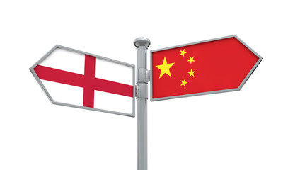 China and England flag sign moving in different direction. 3D Rendering