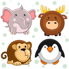Set of beautiful circles icons from animals for design and kids, elephant, elk, monkey, chimpanzee, penguin.