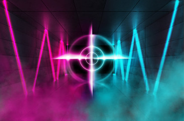 Futuristic abstract background. Empty room background, concrete. Neon  light, smoke. Laser lines, laser target in the center of the room.