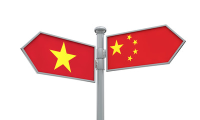 China and Vietnam flag sign moving in different direction. 3D Rendering