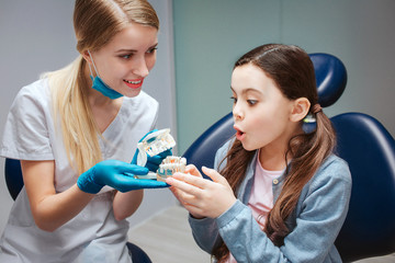 Excited amazed girl sit in dental chair in room and touch denture with artificial teeth. Female dentist hold it and smile to girl.