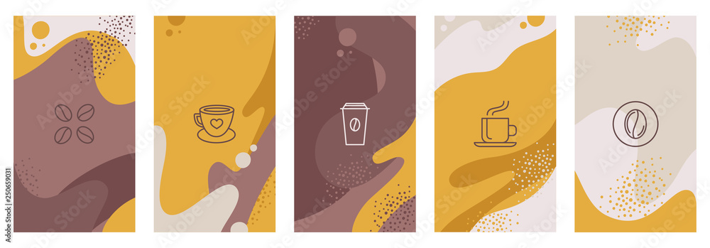 Fototapete Vector set of abstract creative backgrounds with copy space for text and coffee lineart icons - design templates for instagram stories for coffee shop and house - simple, stylish and minimal designs f