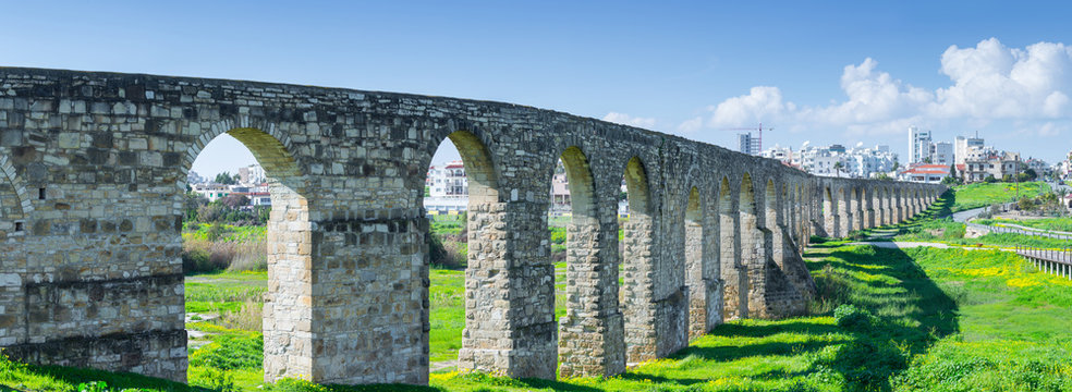 Panoramic view of Kamares aqueduct in Larnaca. Cyprus.