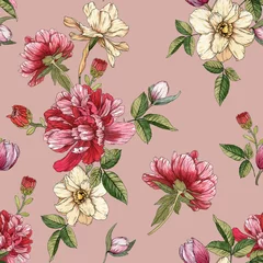 Tuinposter Floral seamless pattern with watercolor narcissus and peonies © lesia_a