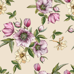 Floral seamless pattern with watercolor hellebore and chrysanthemums