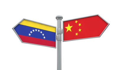 China and Venezuela flag sign moving in different direction. 3D Rendering
