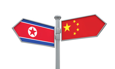 China and North Korea flag sign moving in different direction. 3D Rendering