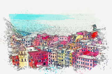 Watercolor sketch or illustration of a beautiful view of the colorful houses in Vernazza, a small Italian town by the sea