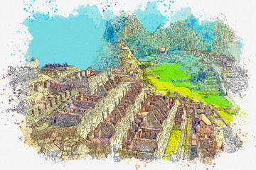 Watercolor sketch or illustration of the beautiful view of Machu Picchu in Peru. The ruins of the buildings of the Inca civilization