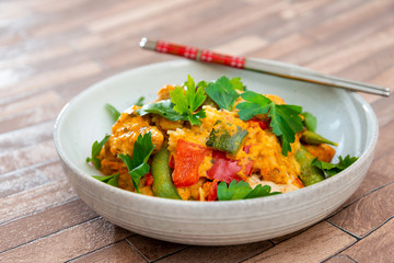 Tikka massala chicken basmati rice and crunchy vegetables