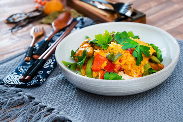 Tikka massala chicken basmati rice and crunchy vegetables